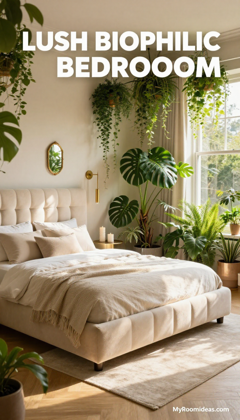 Lush Biophilic Condo Bedroom Oasis - Chenille Headboard & Brass Accents