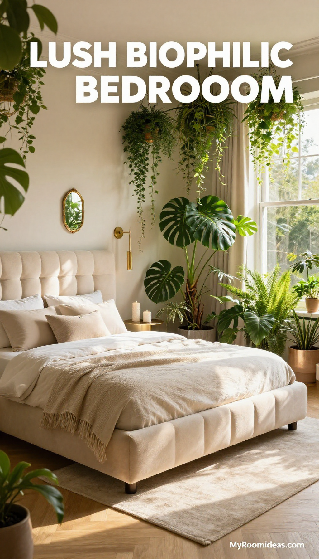 Lush Biophilic Condo Bedroom Oasis - Chenille Headboard & Brass Accents
