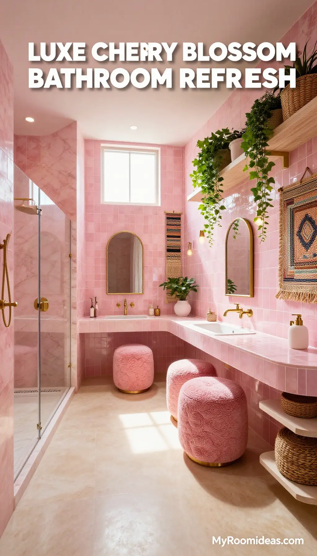 Luxe Basement Bathroom Refresh with Cherry Blossom Bouclé & Brass Accents