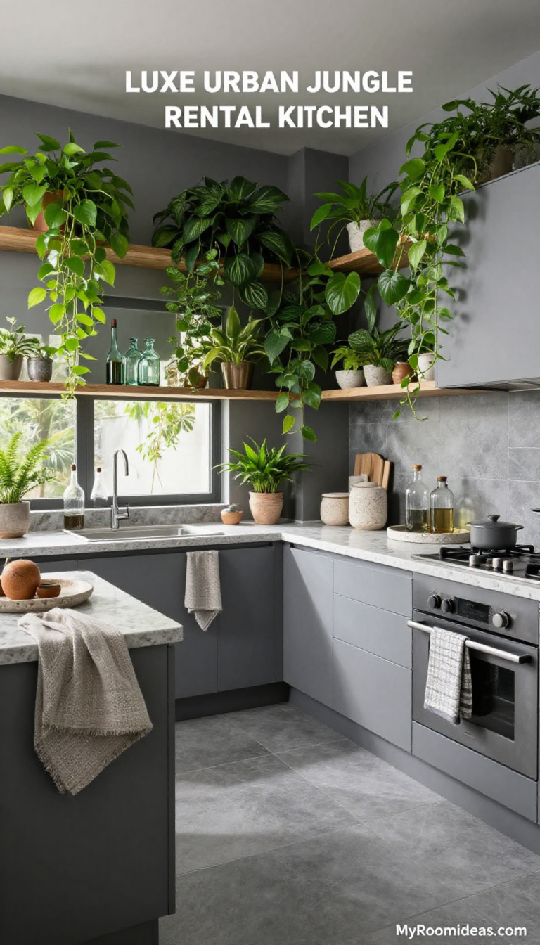 Luxe Urban Jungle L-Shaped Rental Kitchen Under $100 - Travertine & Linen Oasis