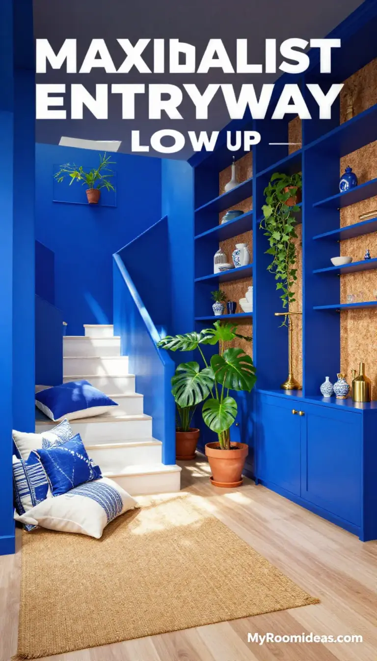 Maximalist Basement Entryway Transformation with Santorini Blues & Cork Accents