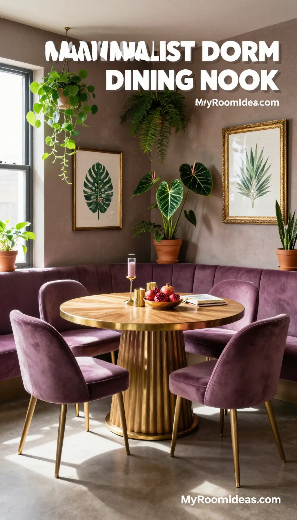 Maximalist Dorm Dining Nook in Mauve & Taupe with Fluted Wood & Brass