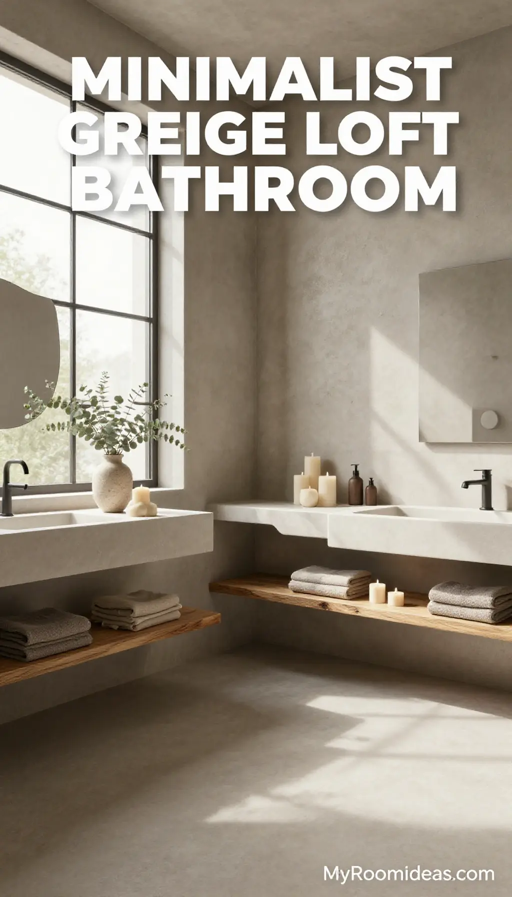 Minimalist Loft Bathroom Oasis in Warm Greige & Sculptural Candles