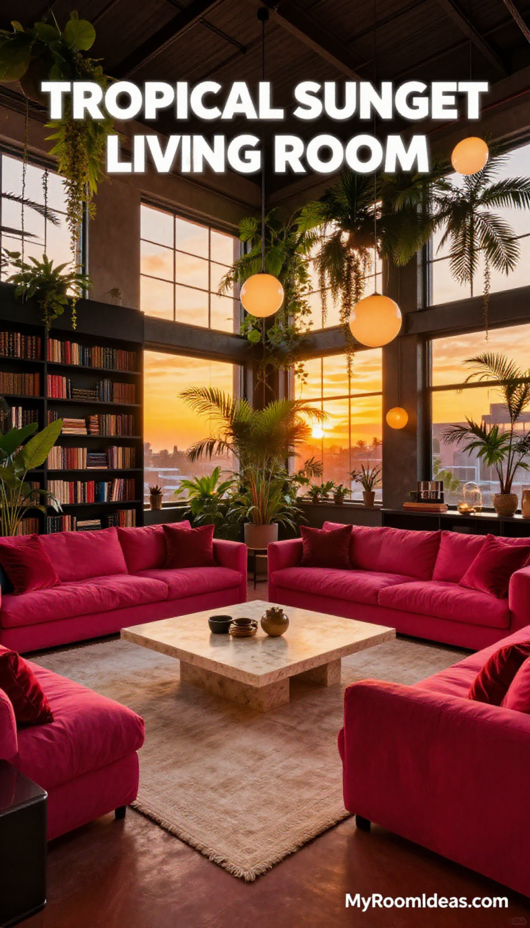 Moody Tropical Sunset Living Room: Dark Academia Loft Transformation