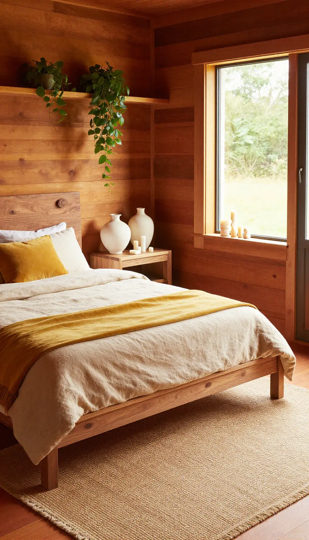 Bedroom interior design with teak furniture and alabaster accents