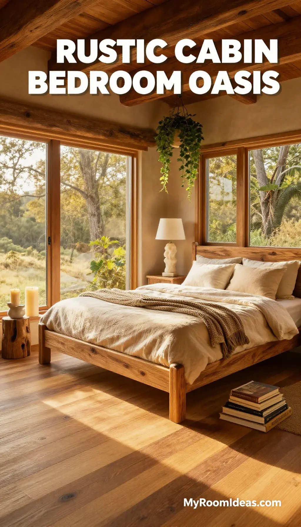Rustic Cabin Bedroom Oasis with Teak Tones & Sculptural Candles