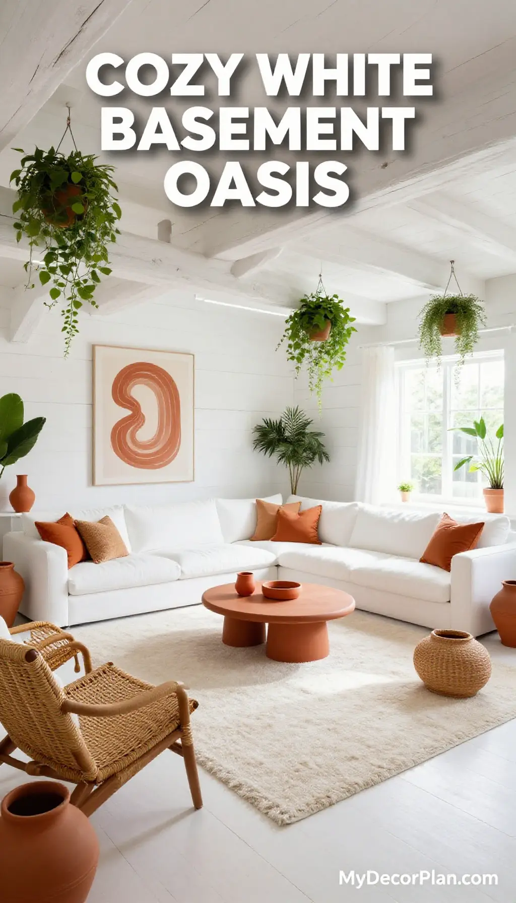 Rustic Chic Basement Living Room Oasis - Cozy All-White Decor with Terracotta & Rattan Accents