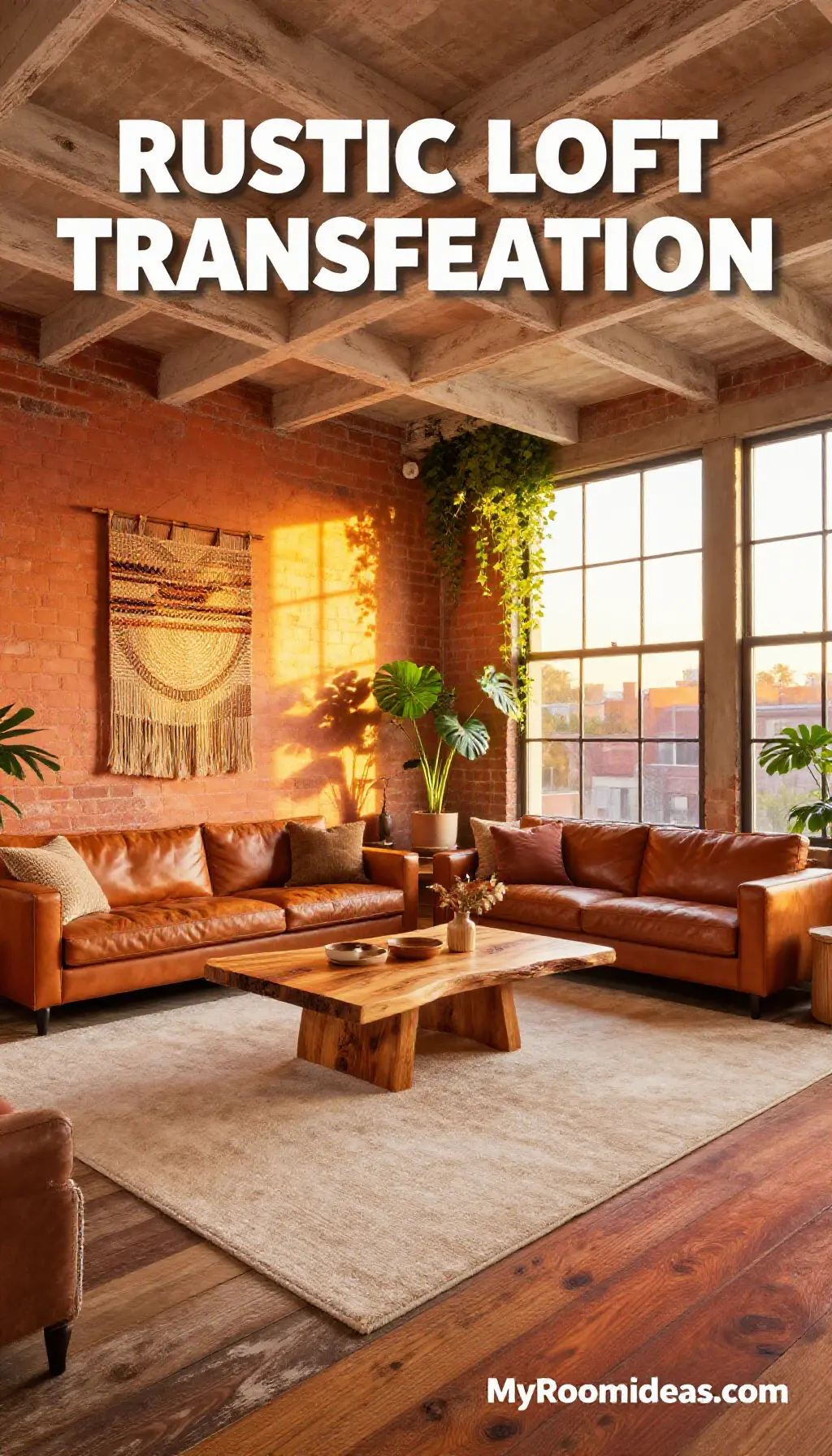 Rustic Loft Living Room Transformation with Burl Wood & Leather Accents