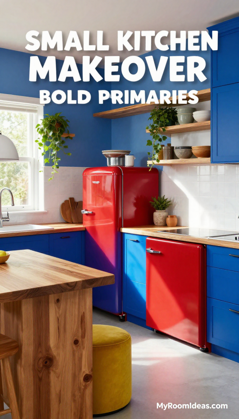 Small Kitchen Makeover: Bold Primaries & Wabi-Sabi Teak Accents