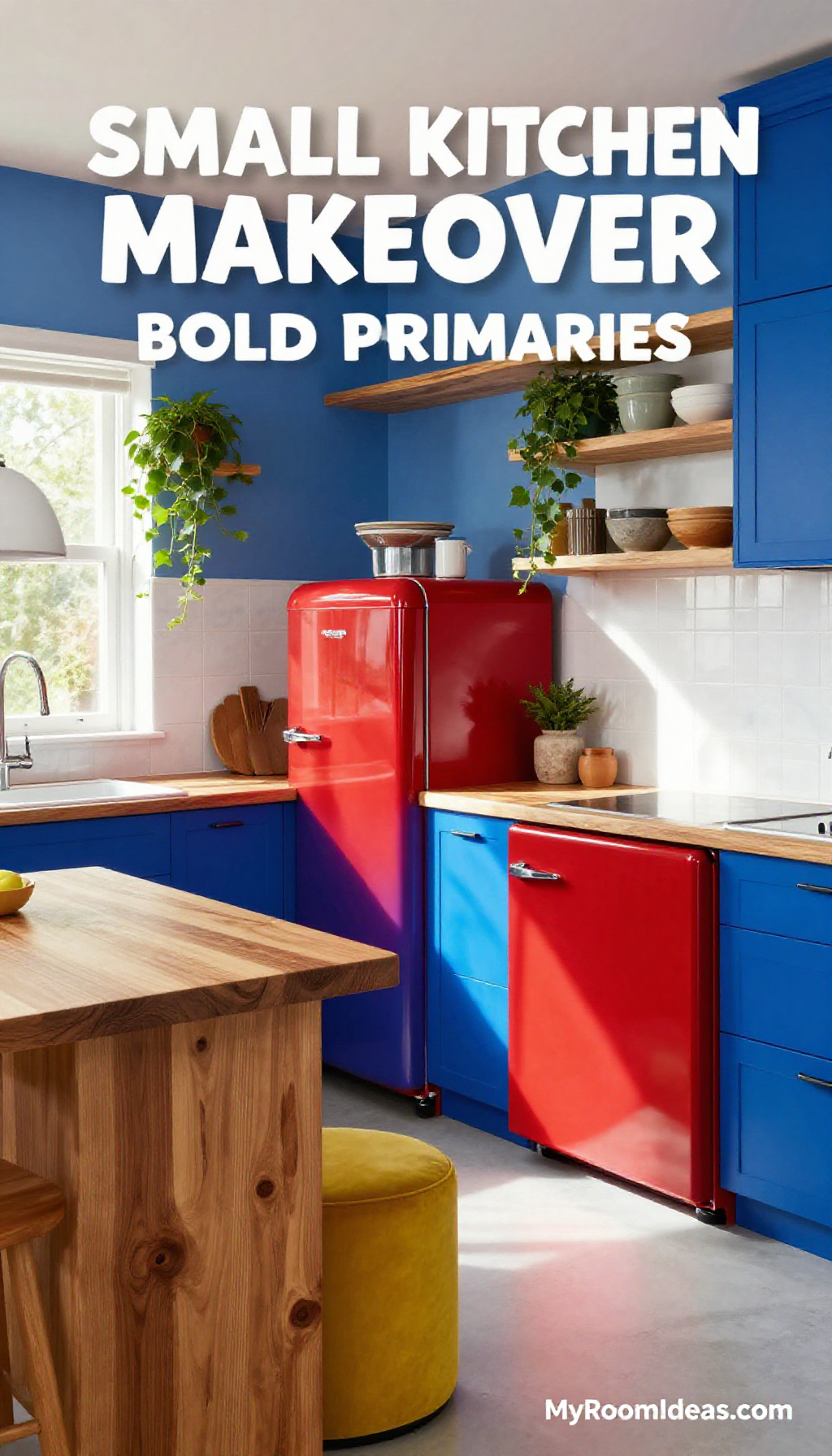 Small Kitchen Makeover: Bold Primaries & Wabi-Sabi Teak Accents