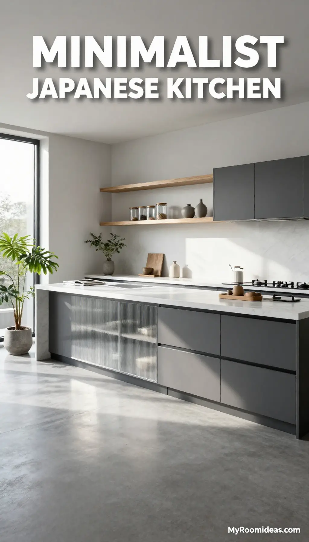 Spacious Minimalist Japanese Townhouse Kitchen with Ribbed Glass & Wood Floating Shelves