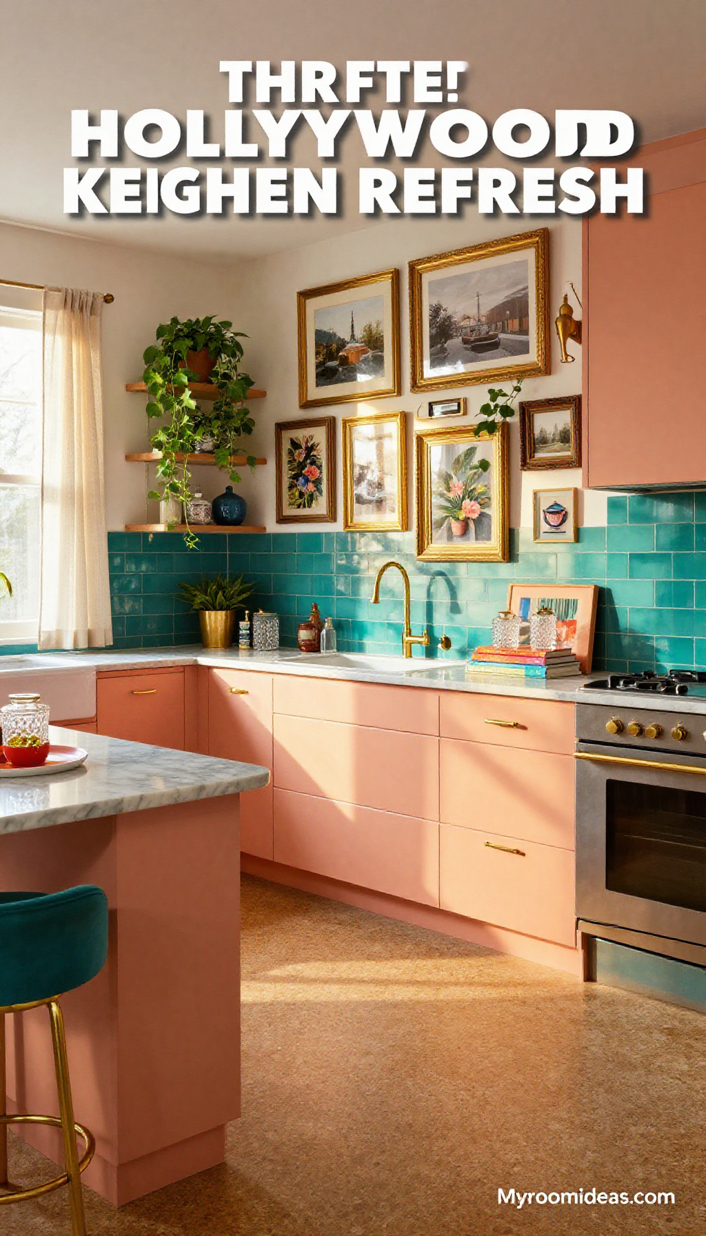 Sunset Peach & Teal Hollywood Regency Kitchen Refresh on a Thrift Store Budget