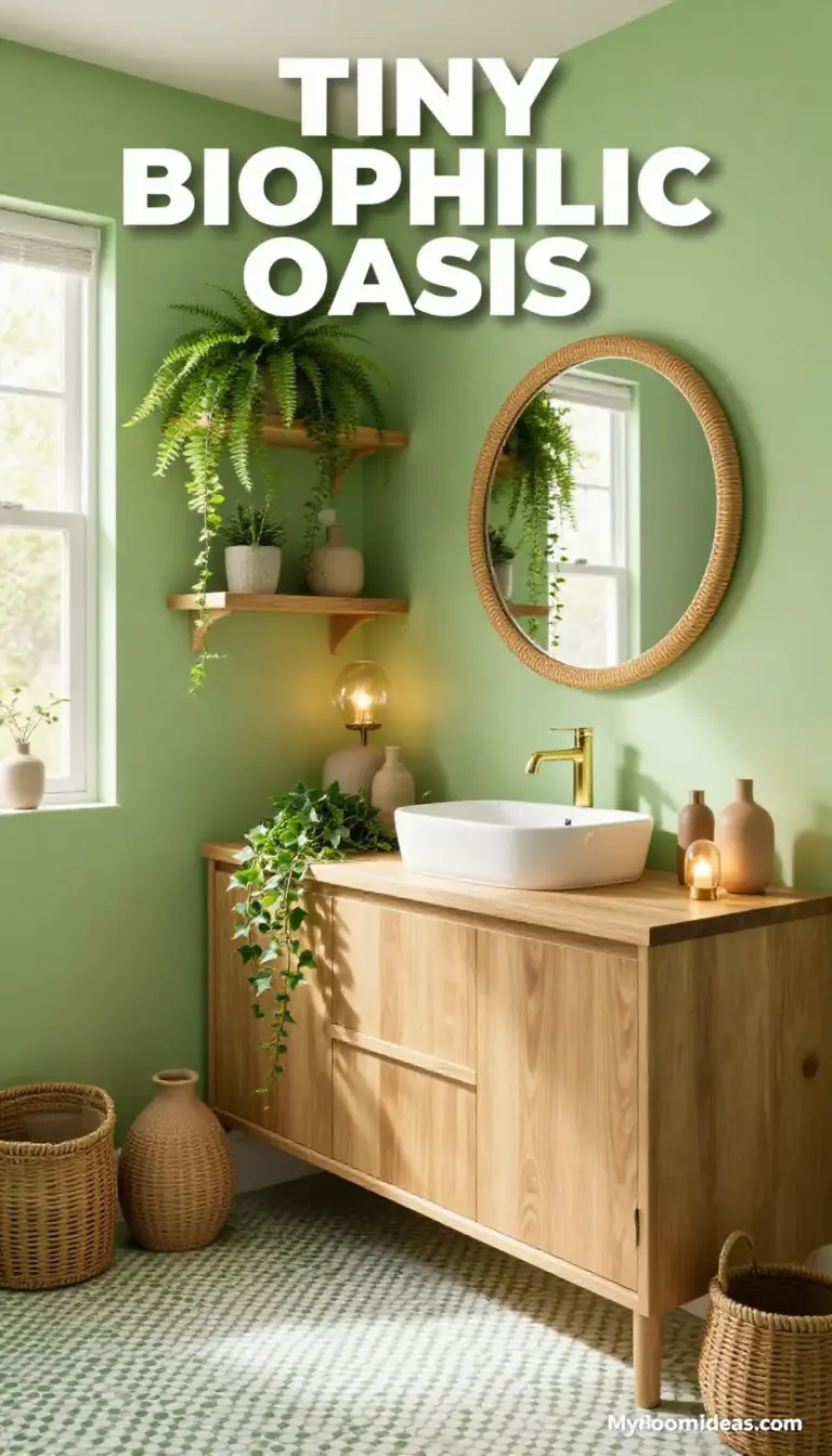 Tiny Bathroom Biophilic Oasis - Pistachio Walls, Oak Vanity & Rattan Accents