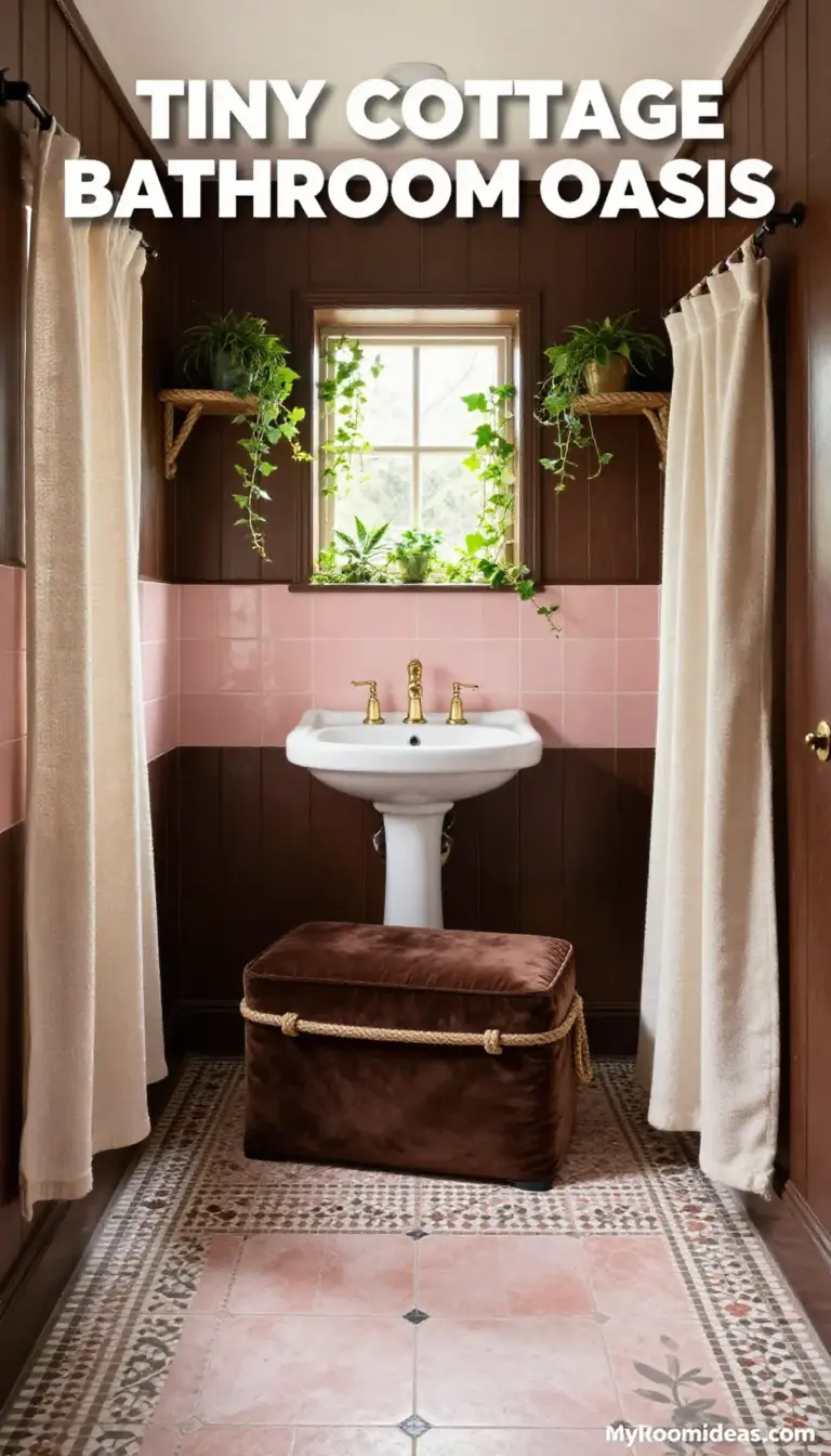 Tiny Bathroom English Cottage Oasis: Chocolate & Blush Ottoman Storage