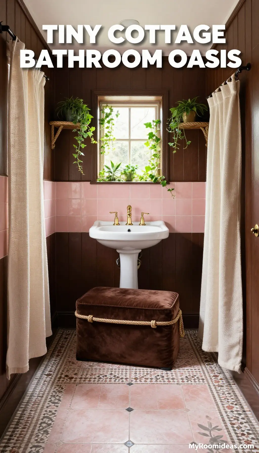 Tiny Bathroom English Cottage Oasis: Chocolate & Blush Ottoman Storage