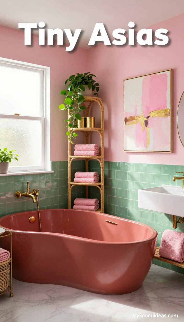 Tiny Bathroom Oasis: Terracotta Tub & Rattan Shelves in Soothing Pink & Green