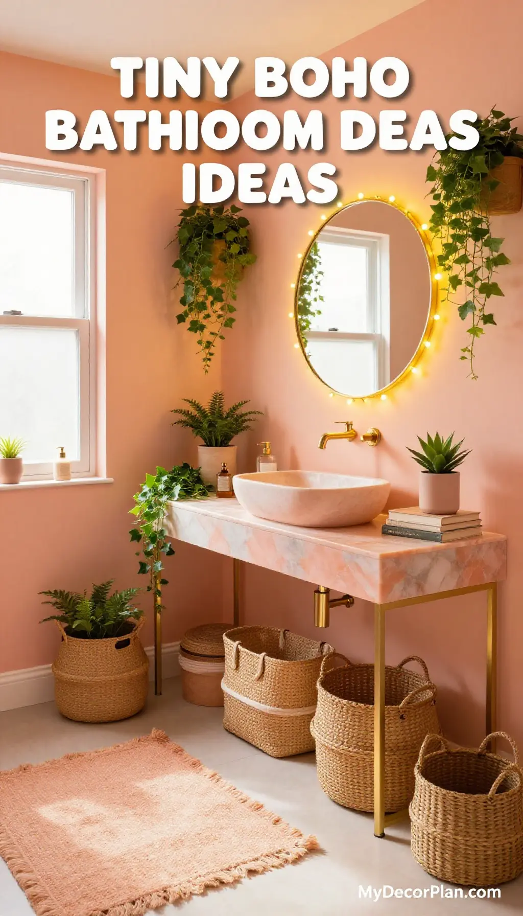 Tiny Boho Bathroom Transformation - Peach Marble Vanity & Jute Baskets