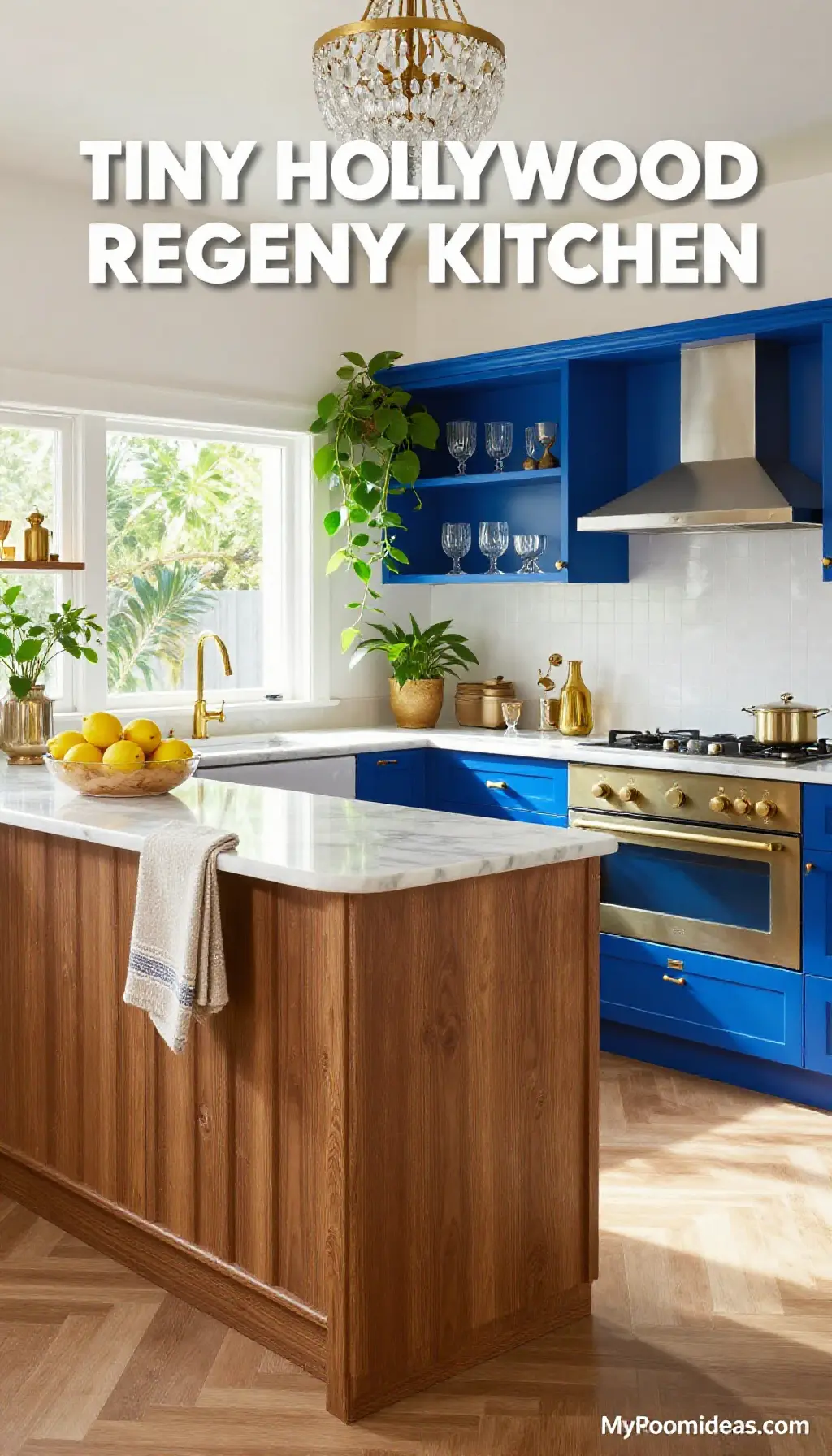 Tiny House Hollywood Regency Kitchen - Santorini Blues & Fluted Wood Accents