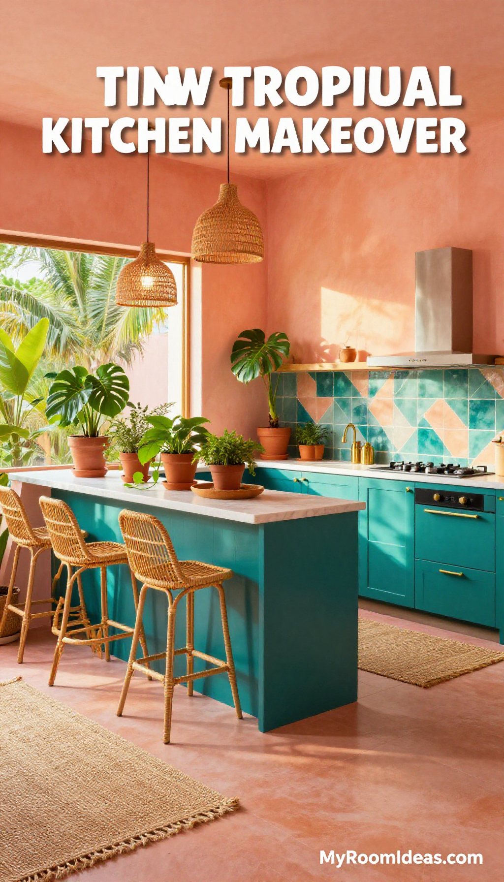 Tiny Tropical Kitchen Oasis with Sunset Peach & Teal Accents