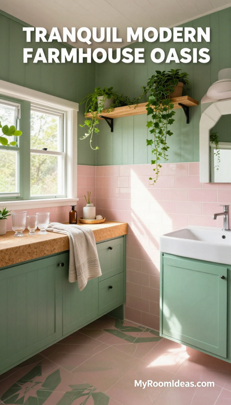 Tranquil Modern Farmhouse Oasis: Spacious Tiny House Bathroom Blends Pink & Green