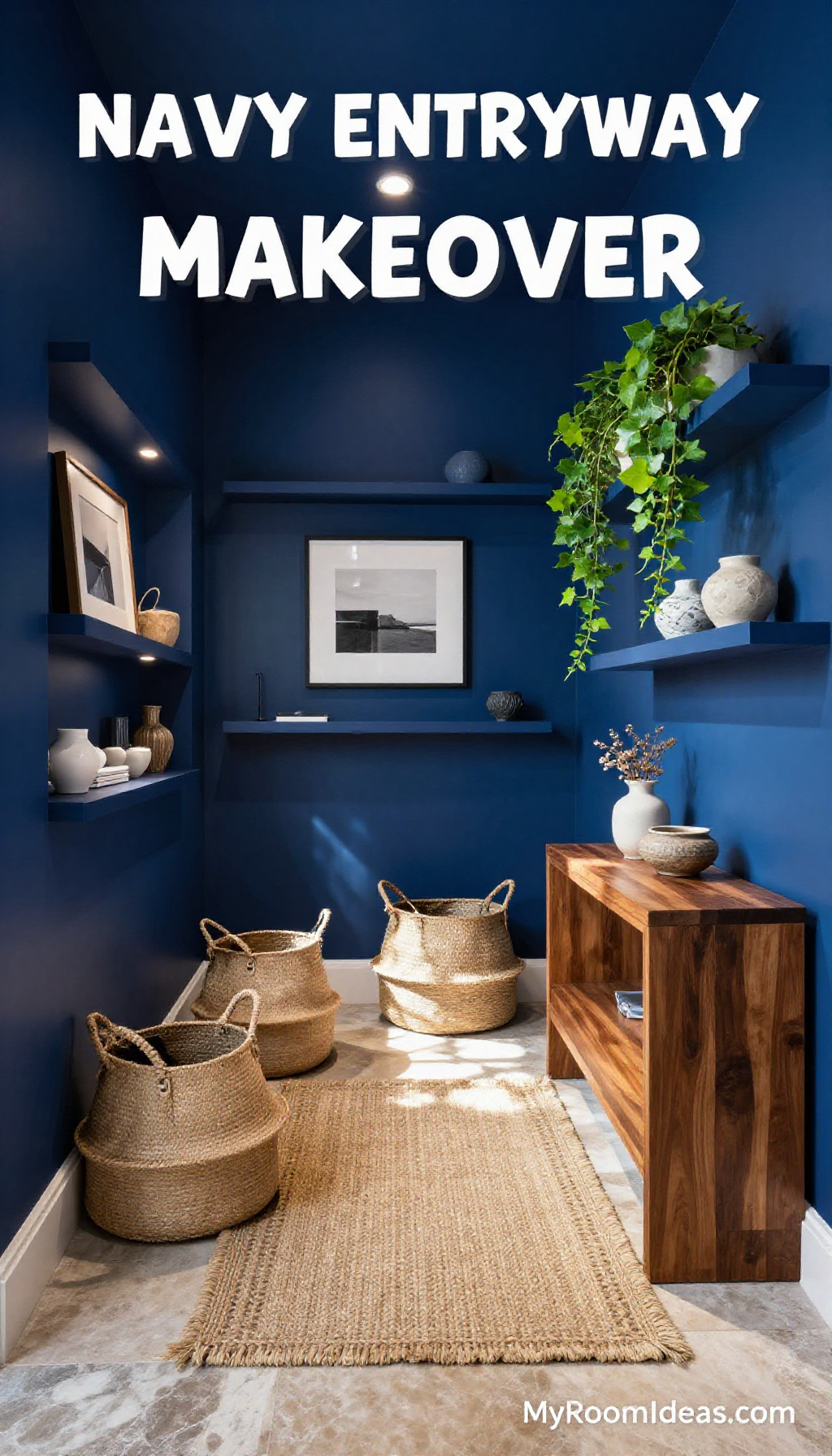 Warm & Inviting Navy Entryway Makeover with Oversized Handwoven Accents