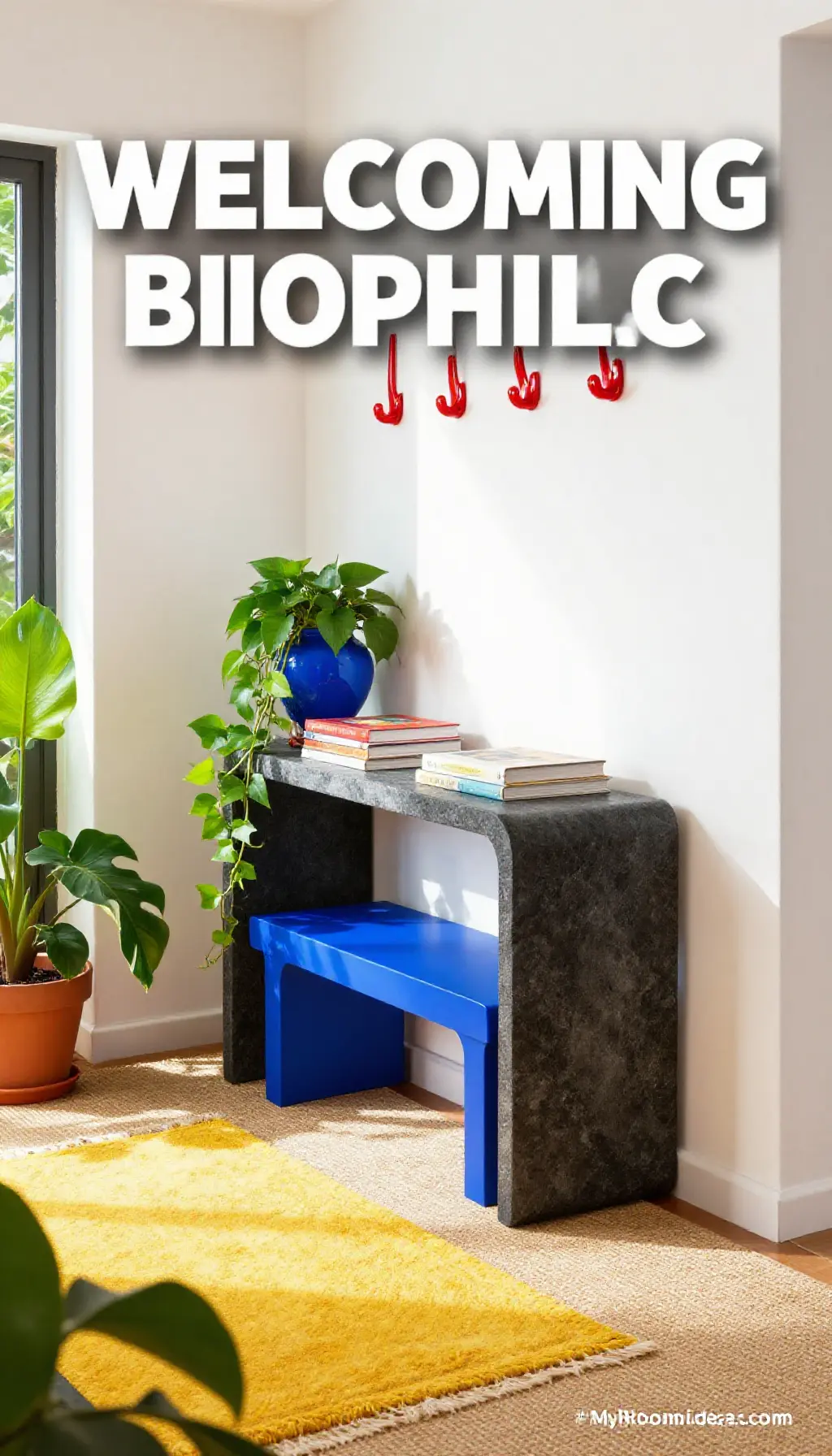 Welcoming Biophilic Entryway With Bold Primary Accents in Tiny Condo