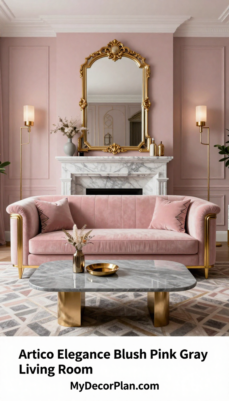 Art Deco Living Room with Blush Pink Velvet Sofa and Gray Marble Coffee Table - Living Room - The House Ideas