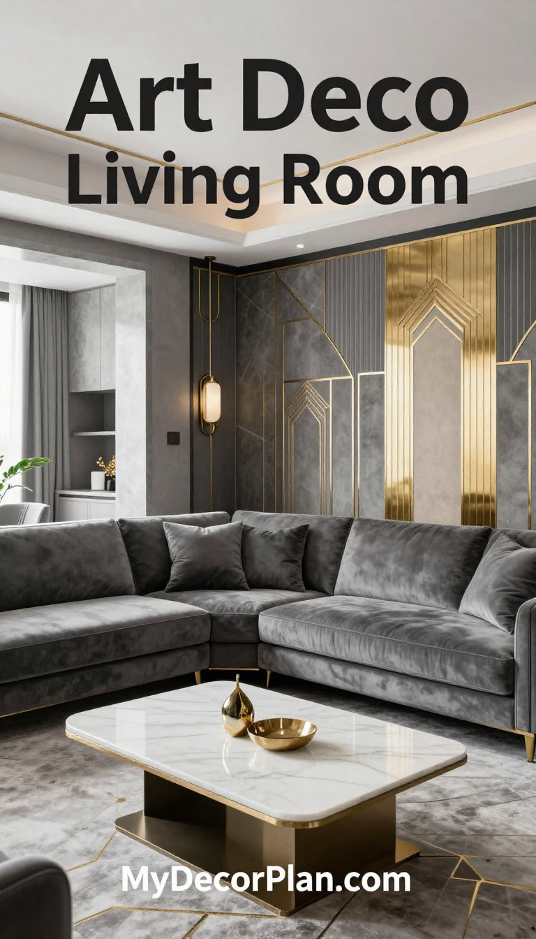 Art Deco Living Room with Cool Gray Velvet Sofa and White Marble Coffee Table - Living Room - The House Ideas