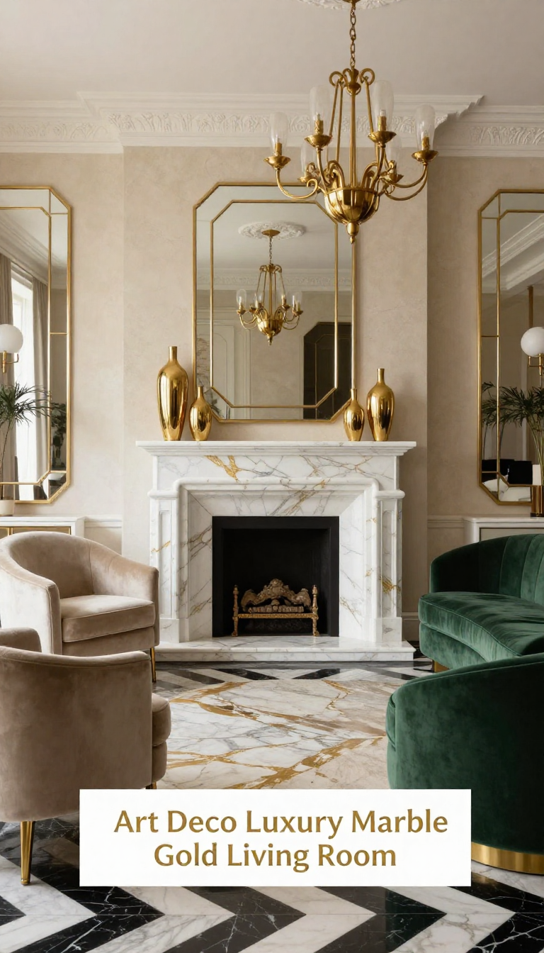 Art Deco Living Room with Warm Neutral Marble Fireplace and Gold Sculptural Vases - Living Room - The House Ideas
