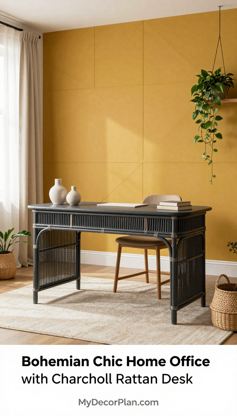 Bohemian Chic Home Office with Charcoal Rattan Desk and Mustard Geometric Wall Panels - Home Office - The House Ideas
