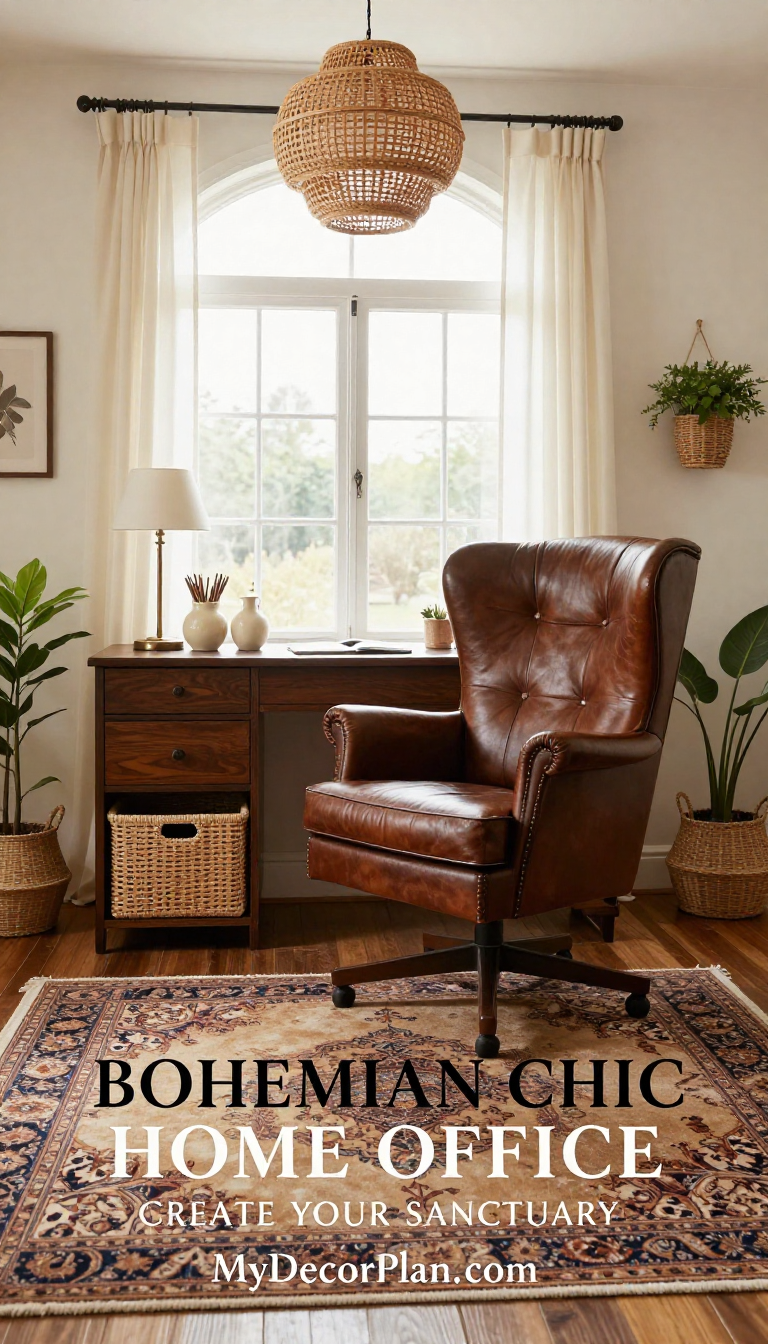 Bohemian Chic Home Office with Rich Chocolate Leather Chair and Cream Ceramic Desk Accessories - Home Office - The House Ideas