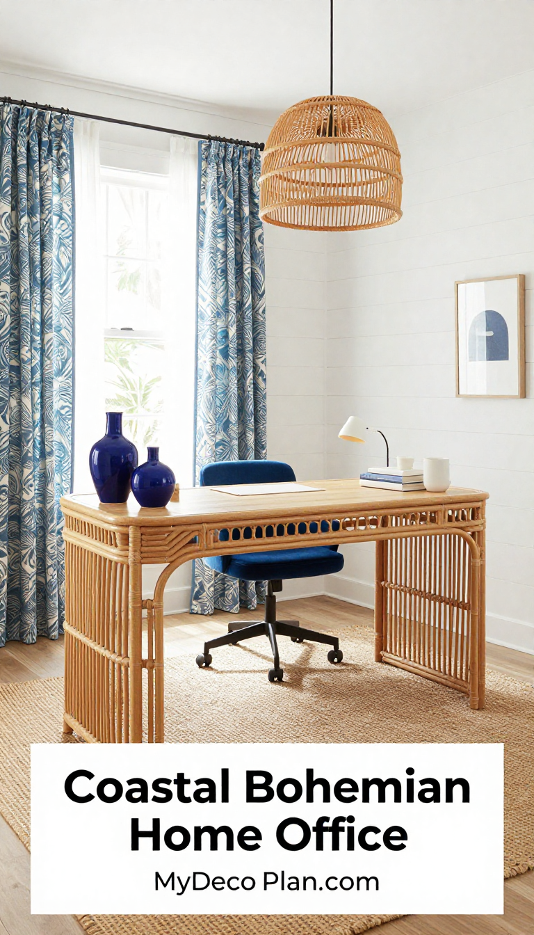 Coastal Bohemian Home Office with Rattan Desk and Blue Ceramic Accessories - Home Office - The House Ideas