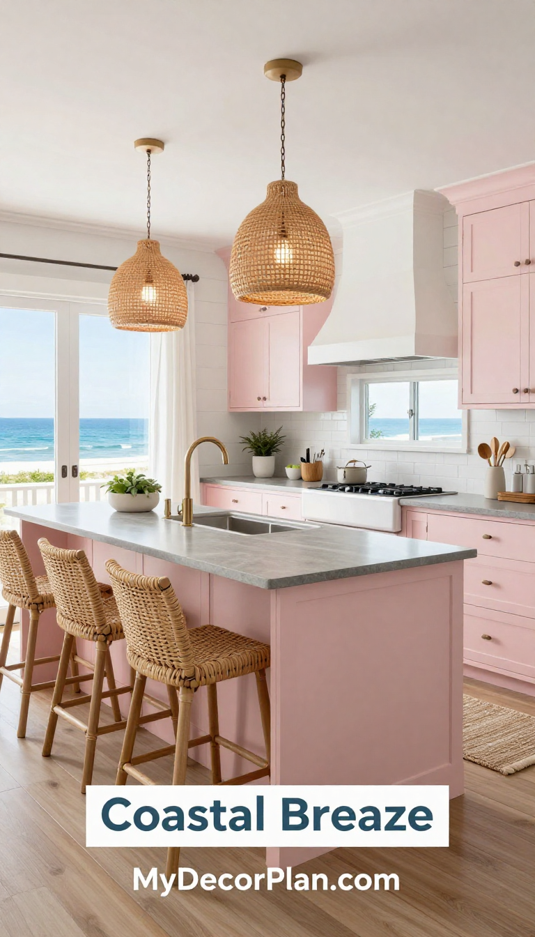 Coastal Breeze Kitchen with Blush Pink Cabinetry and Gray Stone Countertops - Kitchen - The House Ideas