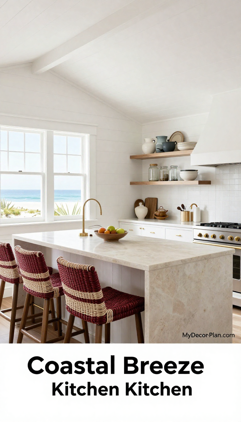 Coastal Breeze Kitchen with Burgundy and Cream Woven Bar Stools - Kitchen - The House Ideas