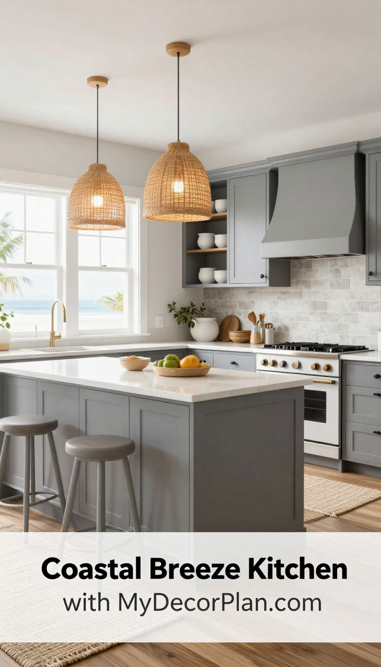 Coastal Breeze Kitchen with Cool Gray Shaker Cabinets and Woven Pendant Lights - Kitchen - The House Ideas