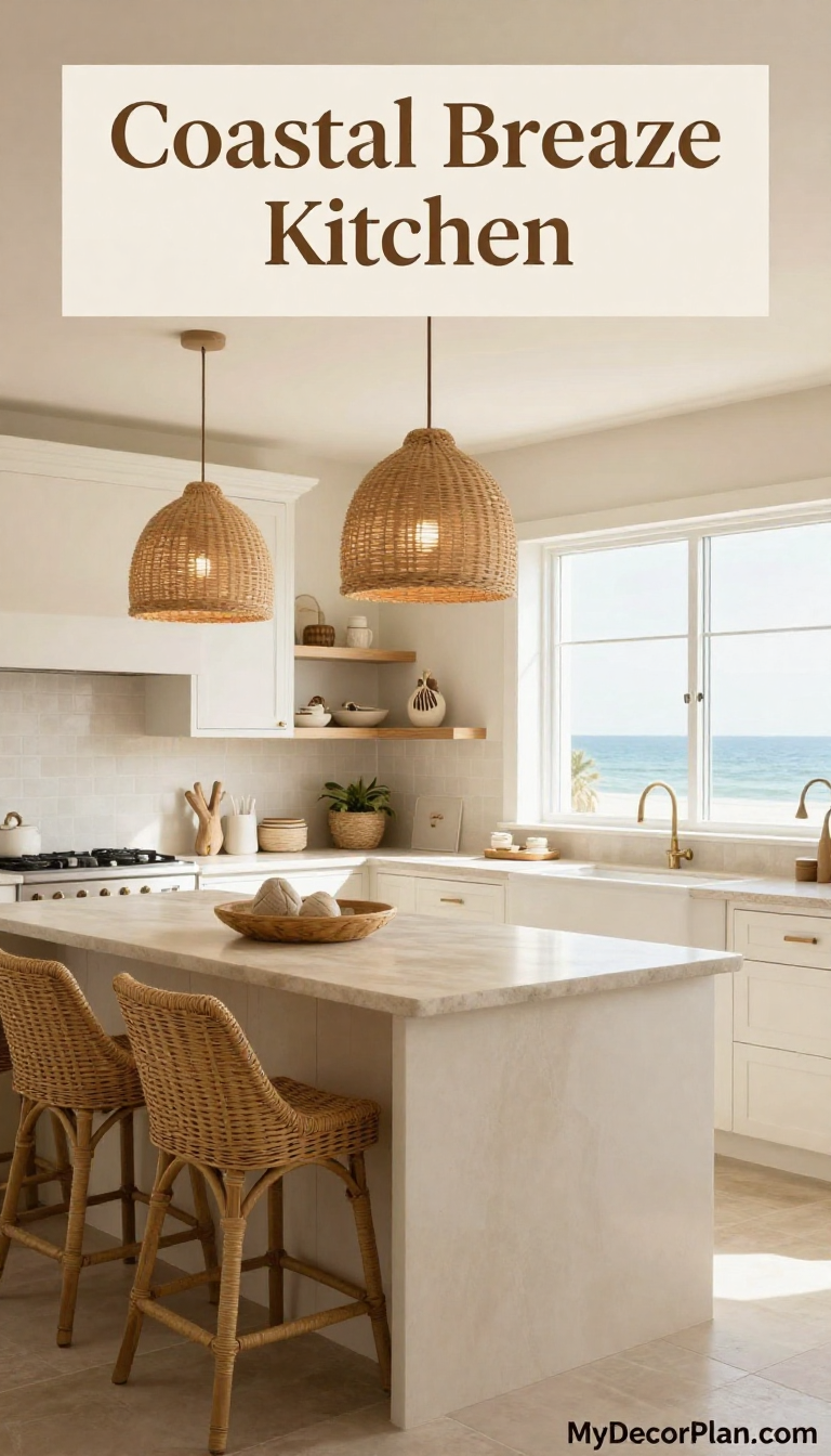 Coastal Breeze Kitchen with Woven Pendant Lights and Stone Countertops - Kitchen - The House Ideas