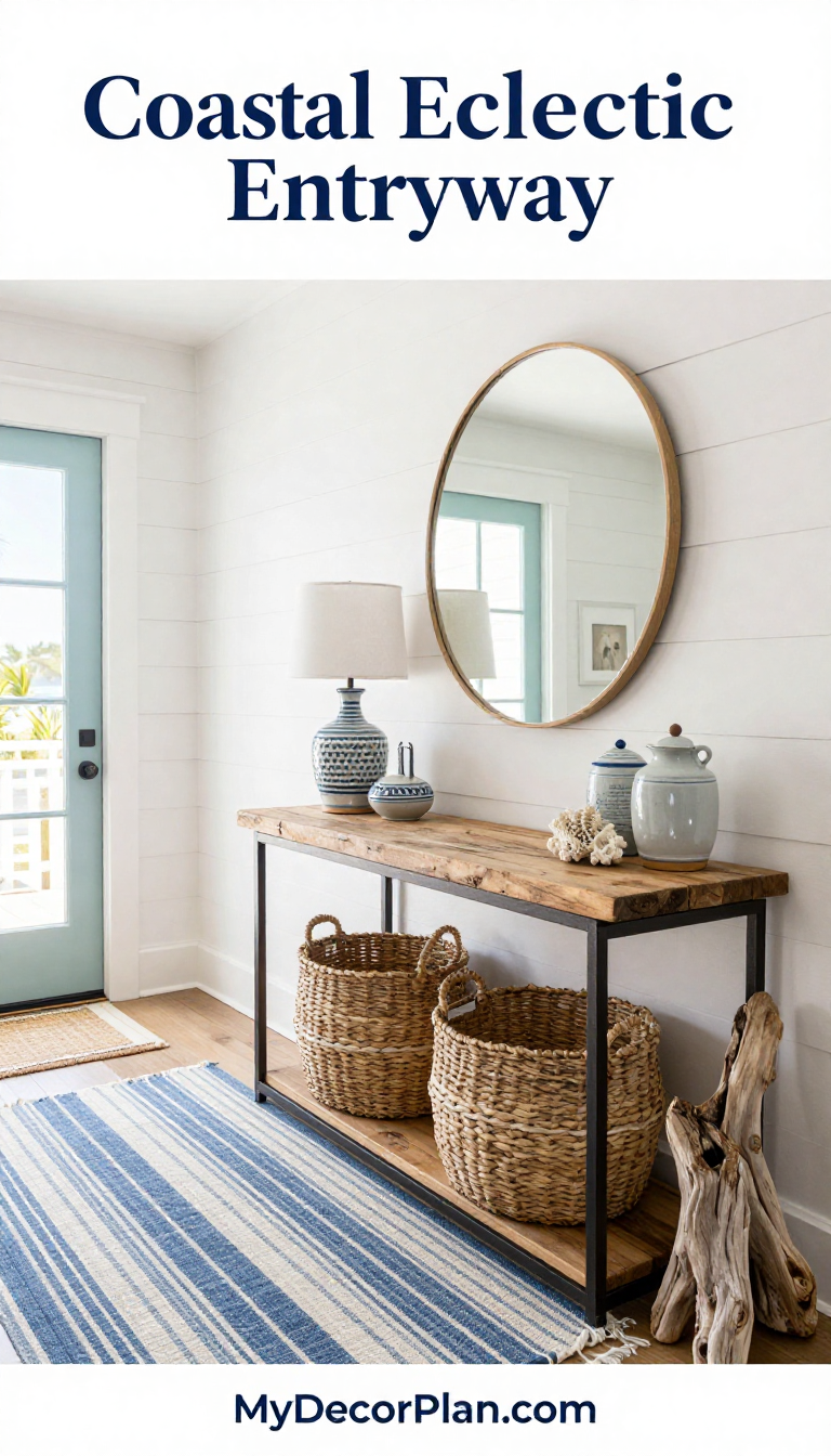 Coastal Eclectic Entryway with Reclaimed Wood Console and Blue and White Striped Rug - Entryway - The House Ideas