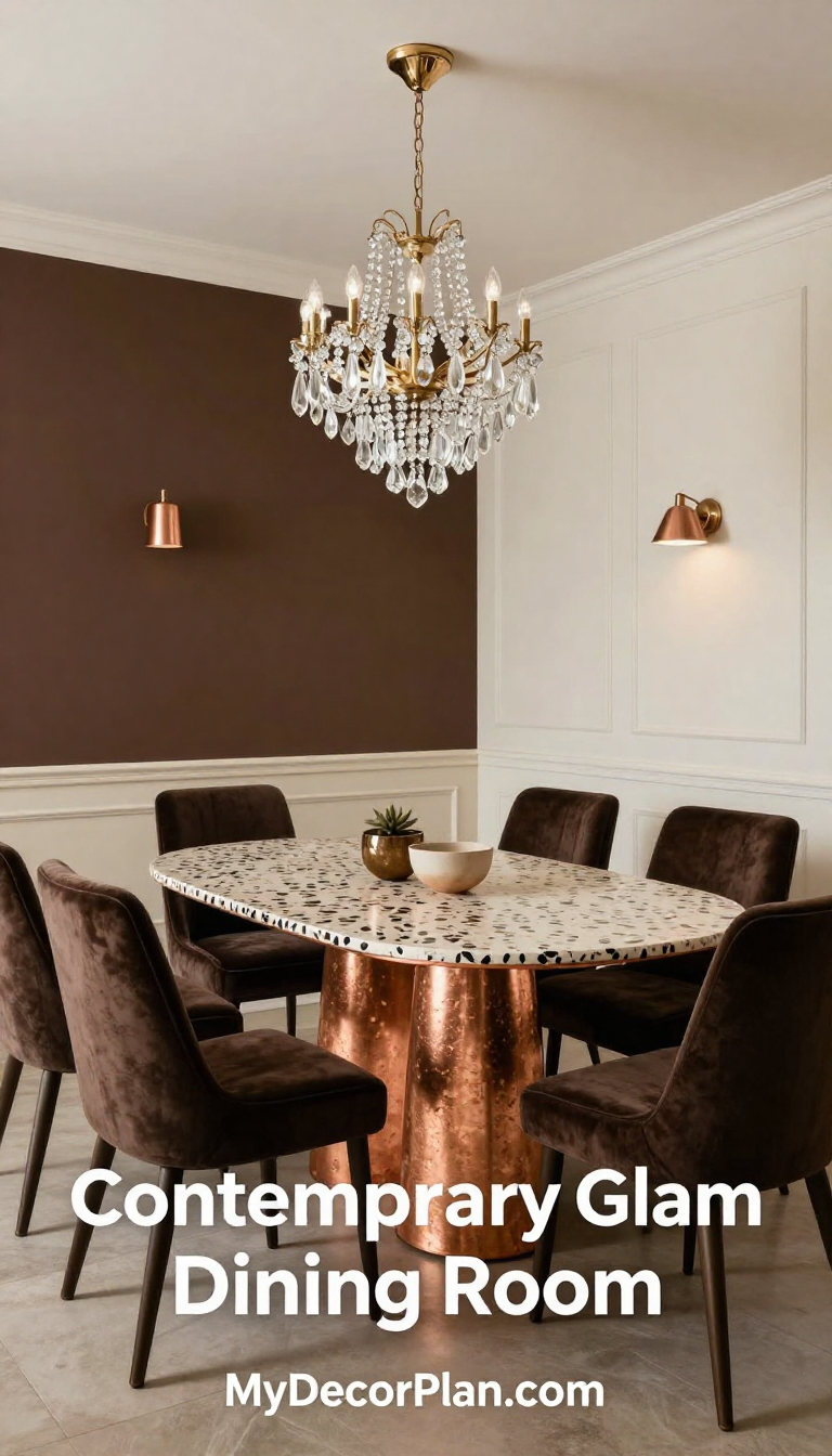 Contemporary Glam Dining Room with Chocolate Velvet Chairs and Copper Terrazzo Table - Dining Room - The House Ideas