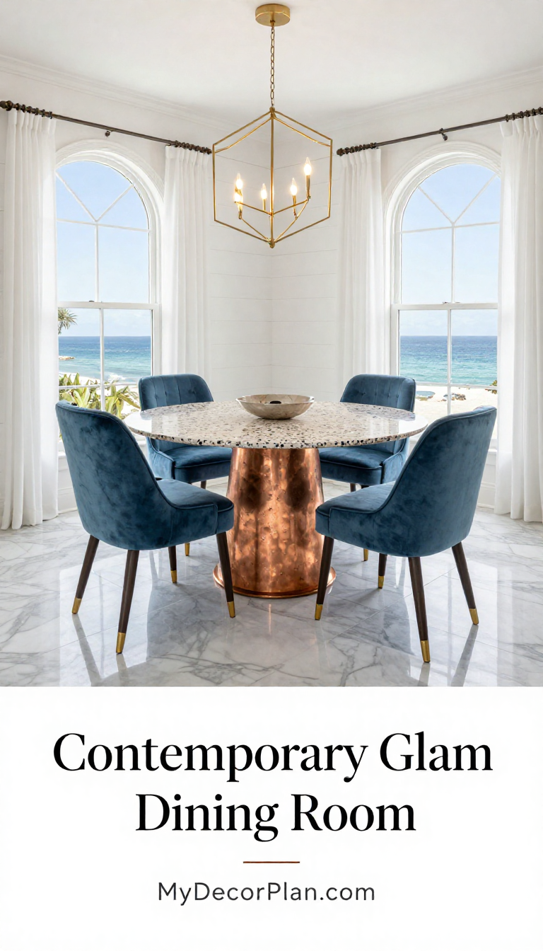 Contemporary Glam Dining Room with Coastal Blue Velvet Chairs and Copper Terrazzo Table - Dining Room - The House Ideas