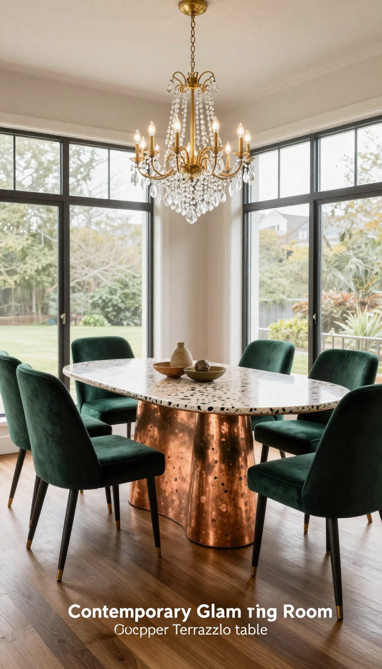 Contemporary Glam Dining Room with Forest Green Velvet Chairs and Copper Terrazzo Table - Dining Room - The House Ideas