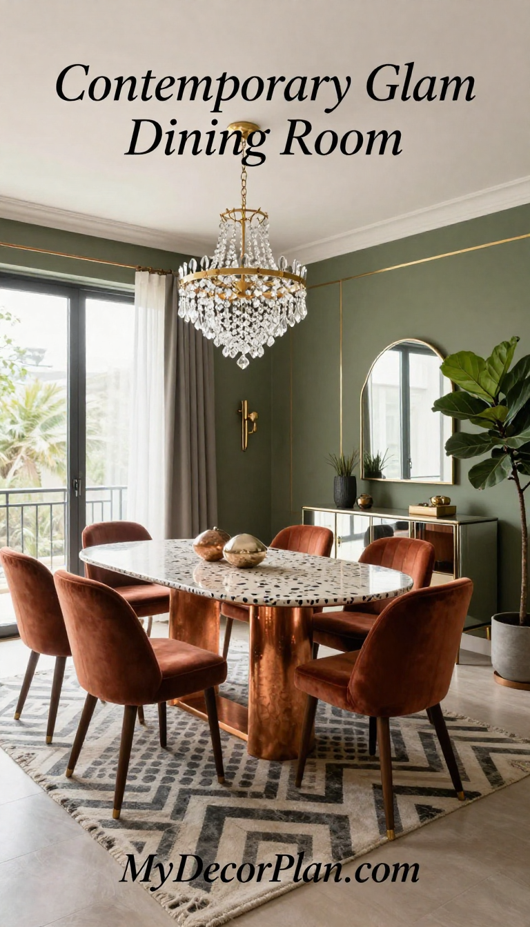 Contemporary Glam Dining Room with Terracotta Velvet Chairs and Copper Terrazzo Table - Dining Room - The House Ideas