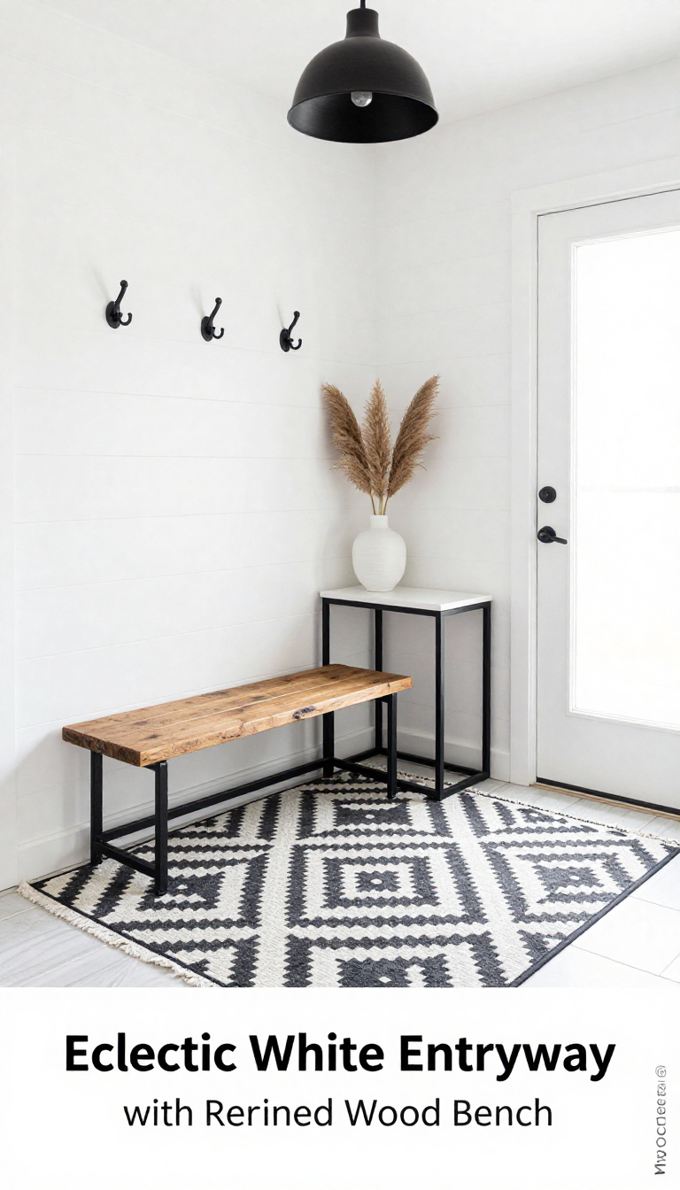 Eclectic White Entryway with Reclaimed Wood Bench and Geometric Area Rug - Entryway - The House Ideas