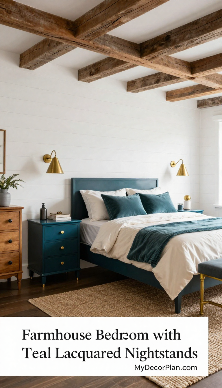 Farmhouse Bedroom with Deep Teal Lacquered Nightstands and Brass Hardware - Bedroom - The House Ideas