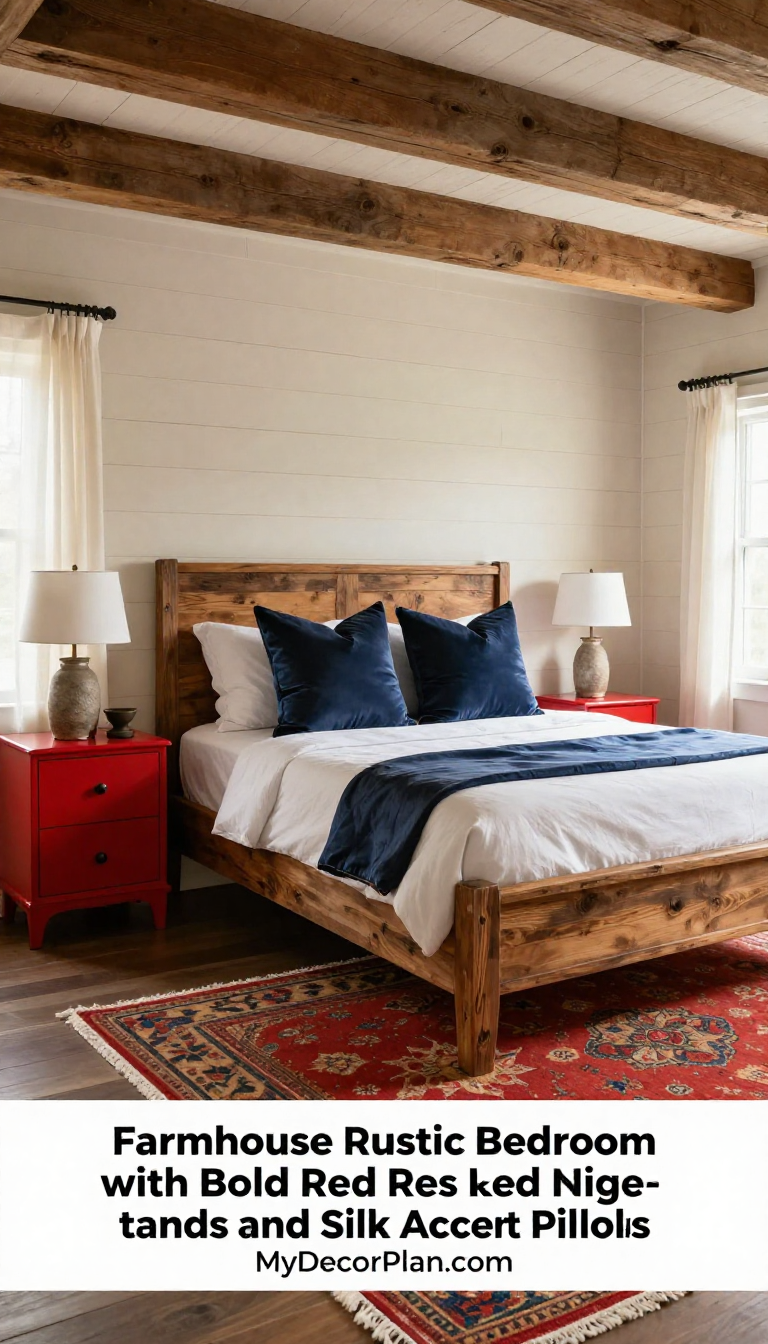 Farmhouse Rustic Bedroom with Bold Red Lacquer Nightstands and Silk Accent Pillows - Bedroom - The House Ideas