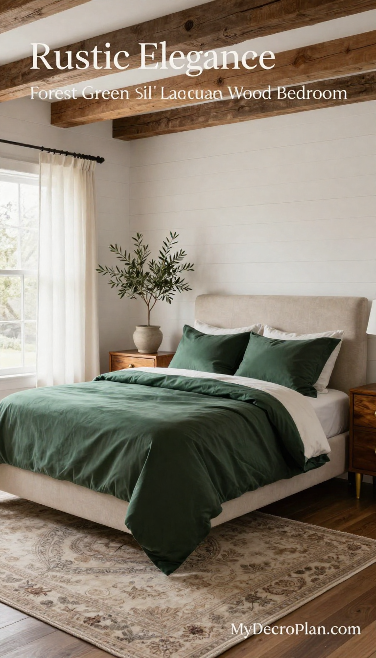 Farmhouse Rustic Bedroom with Forest Green Silk Bedding and Lacquered Wood Nightstands - Bedroom - The House Ideas