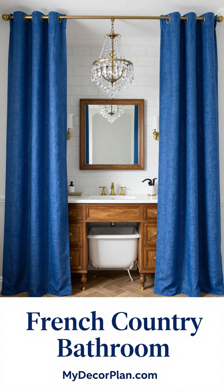 French Country Bathroom with Cobalt Blue Linen Curtains and Oak Wood Vanity - Bathroom - The House Ideas