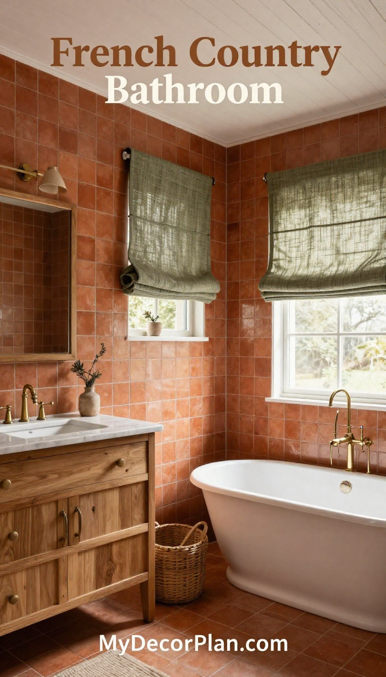 French Country Bathroom with Terracotta Zellige Tiles and Olive Linen Roman Shades - Bathroom - The House Ideas