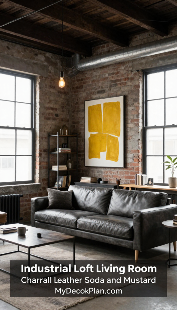 Industrial Loft Living Room with Charcoal Leather Sofa