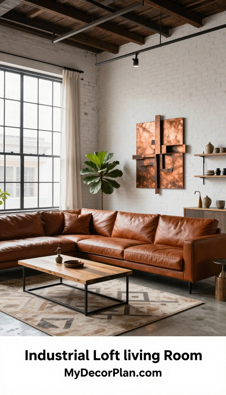 Industrial Loft Living Room with Warm Terracotta Leather Sofa and Abstract Metal Wall Art - Living Room - The House Ideas