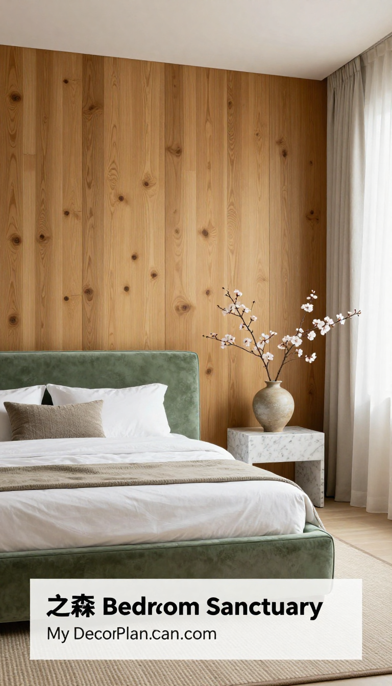 Japanese Zen Bedroom Sanctuary with Sage Green Velvet Bed and Natural Wood Slat Accent Wall - Bedroom - The House Ideas